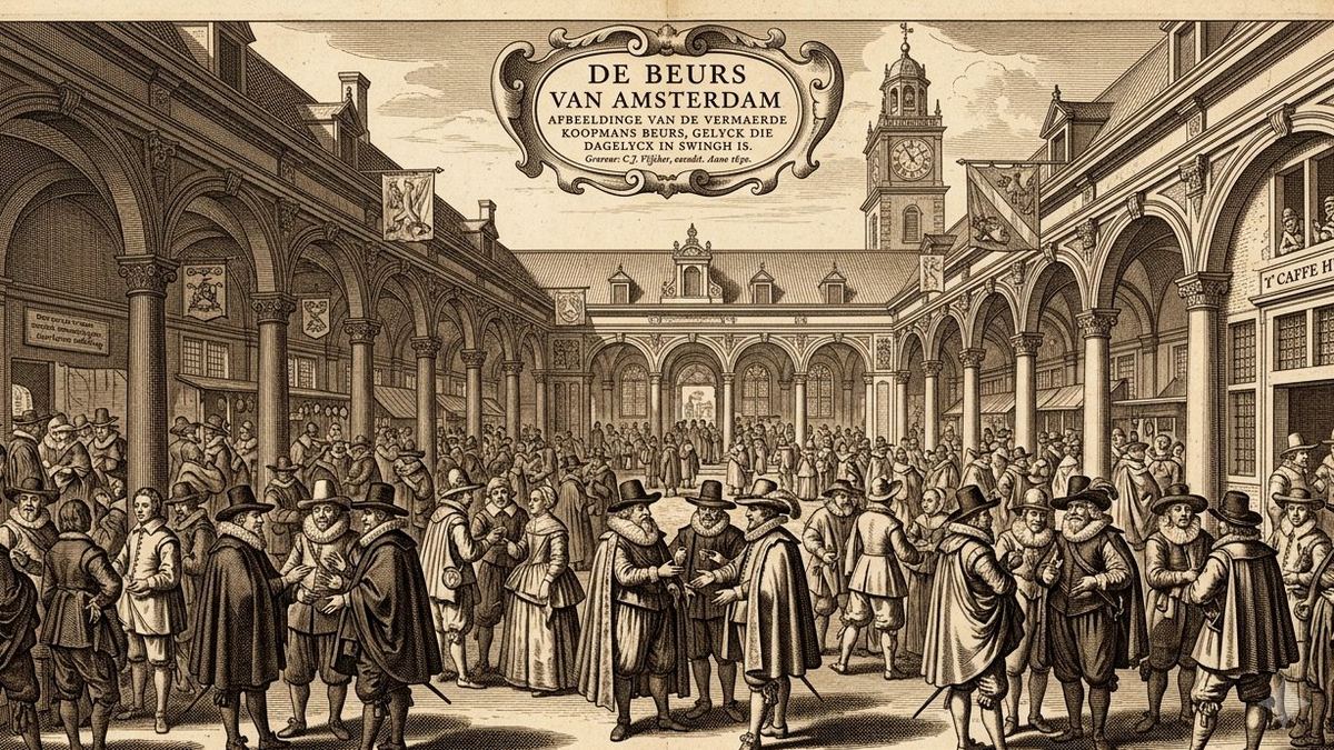 A 17th-century engraving of the Amsterdam merchant exchange (Beurs)