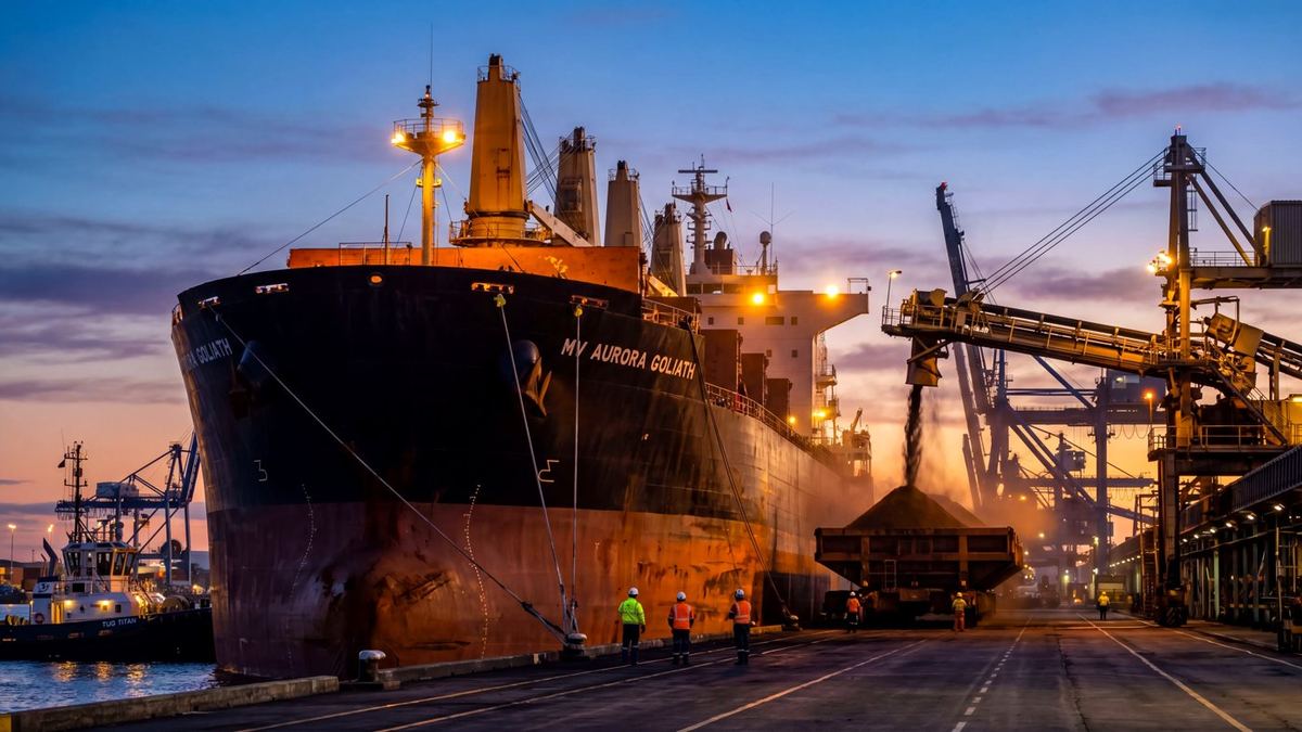 A bulk carrier loading cargo at a port at dusk